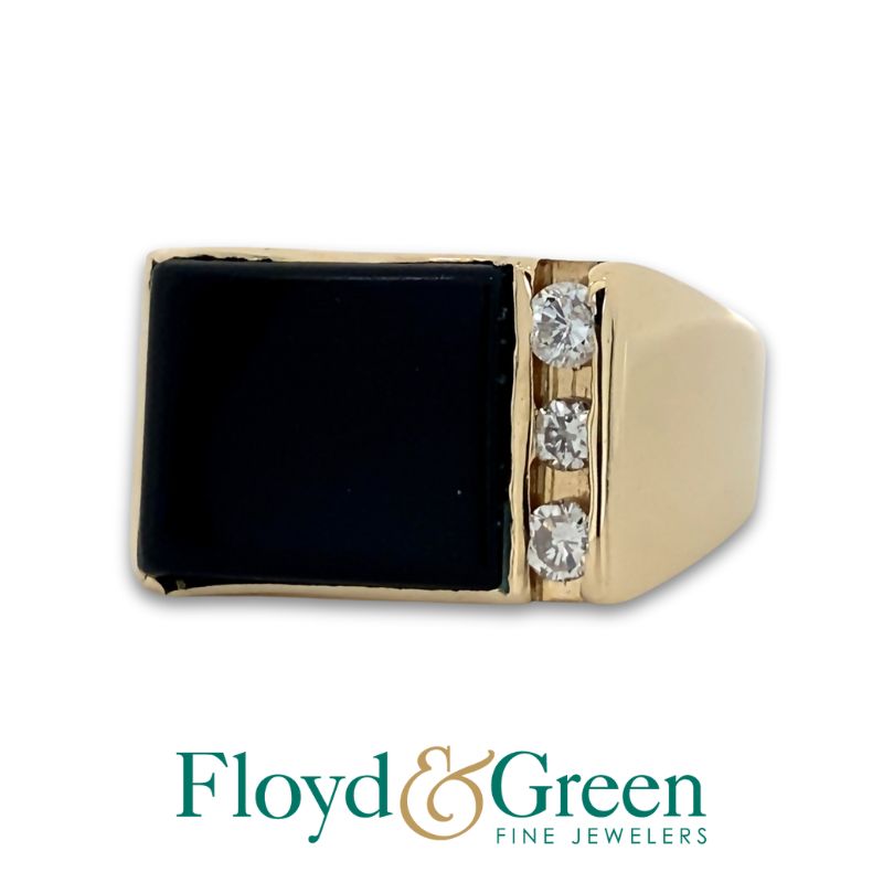 14KY Diamond & Onyx Ring, Rectangular-shaped Onyx, 1.87ct, 3 Round Diamonds, 0.3ct, I SI1-SI2, Size 12