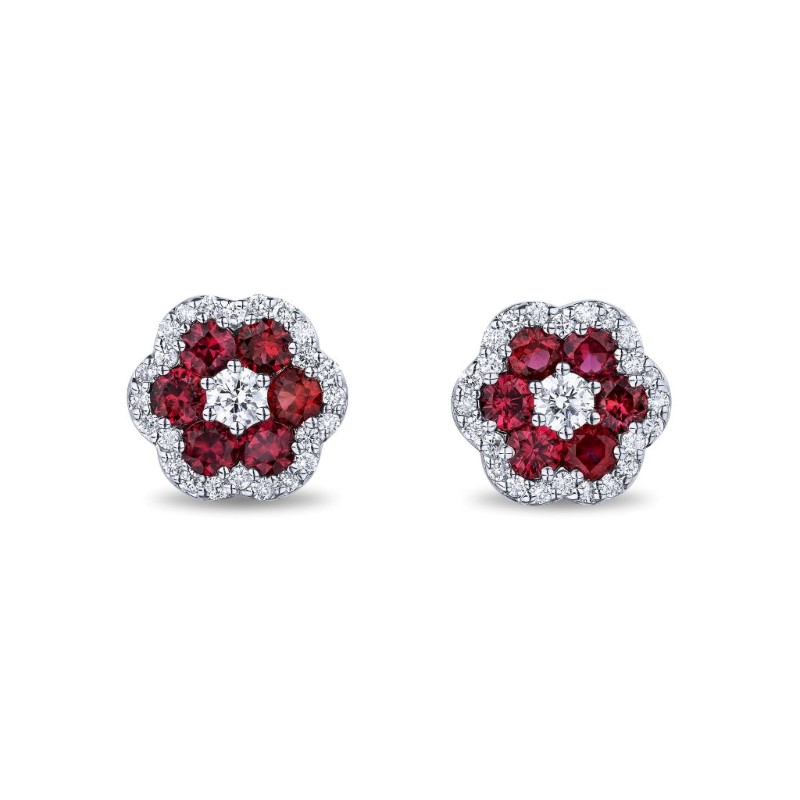 Flower Ruby & Diamond Stud Earrings