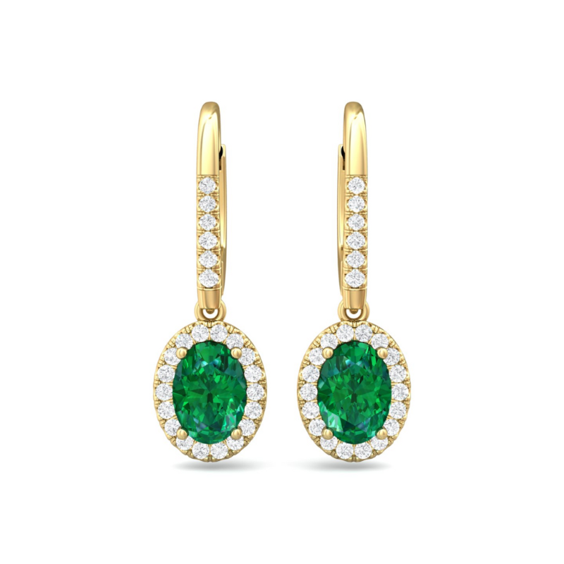 14KY Oval Emerald 1.53ctw and Dia Halo .36ctw H-I/I1 Hoop Dangle Earrings