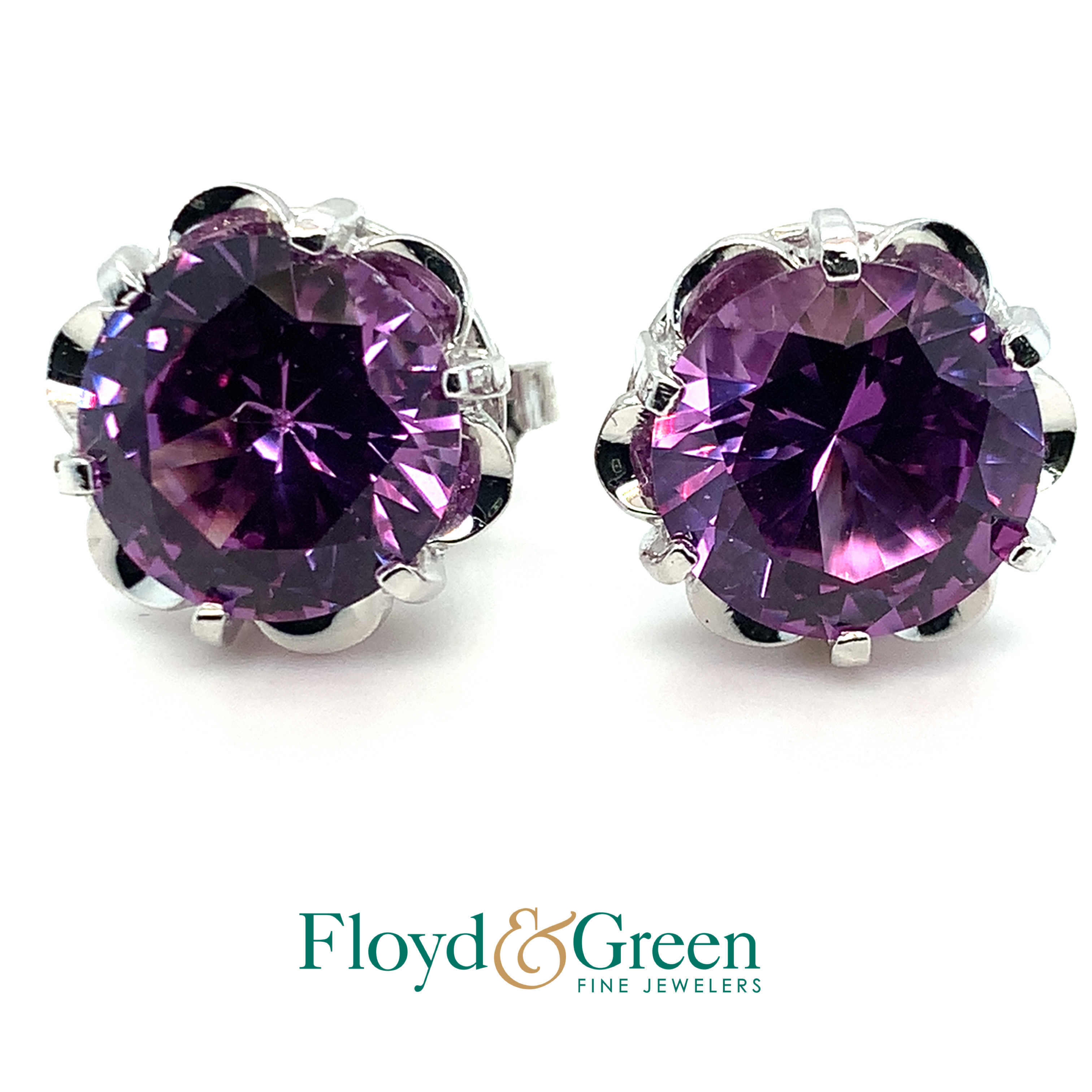 14KW Synthetic Sapphire Stud Earrings, 2 Round Synthetic Sapphires, 10.25ct.