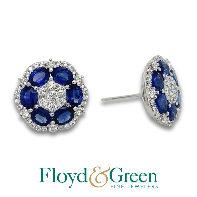 Sapphire & Diamond Flower Stud Earrings