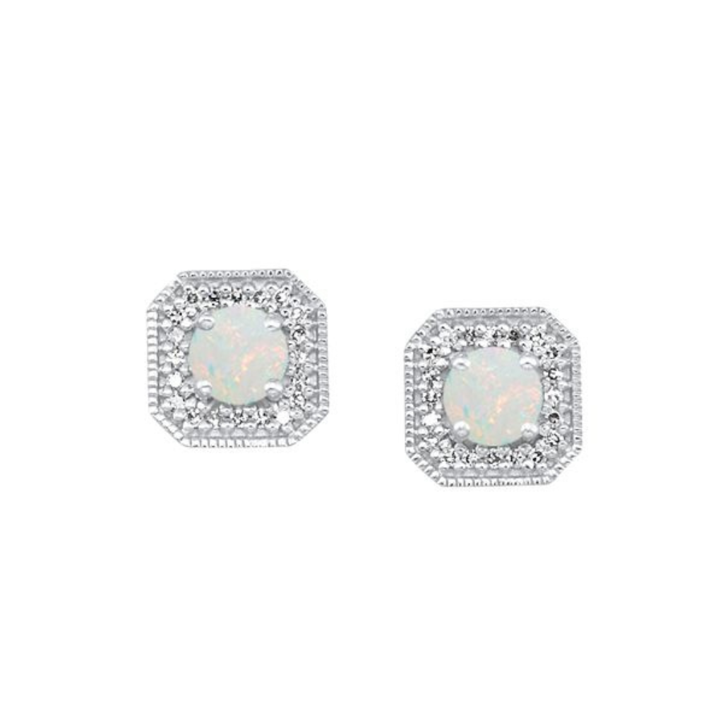 10KW Opal Birthstone Earrings w/ Dia .10ctw