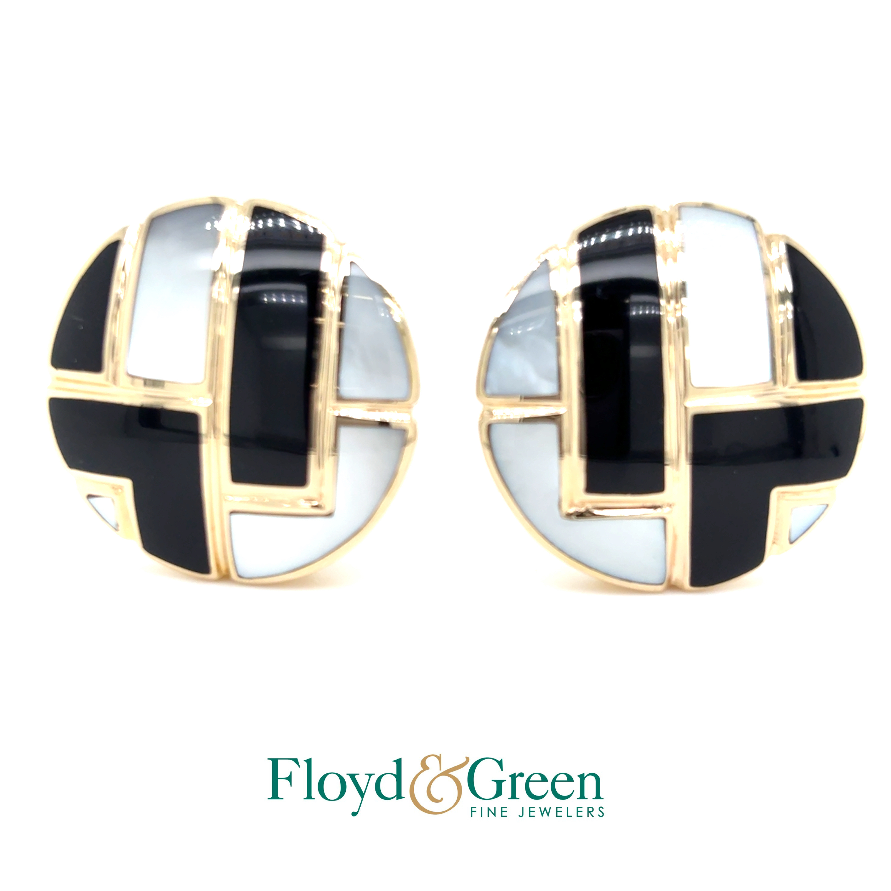 14KY Black Onyx and Mother of Pearl Earrings, 14.9g