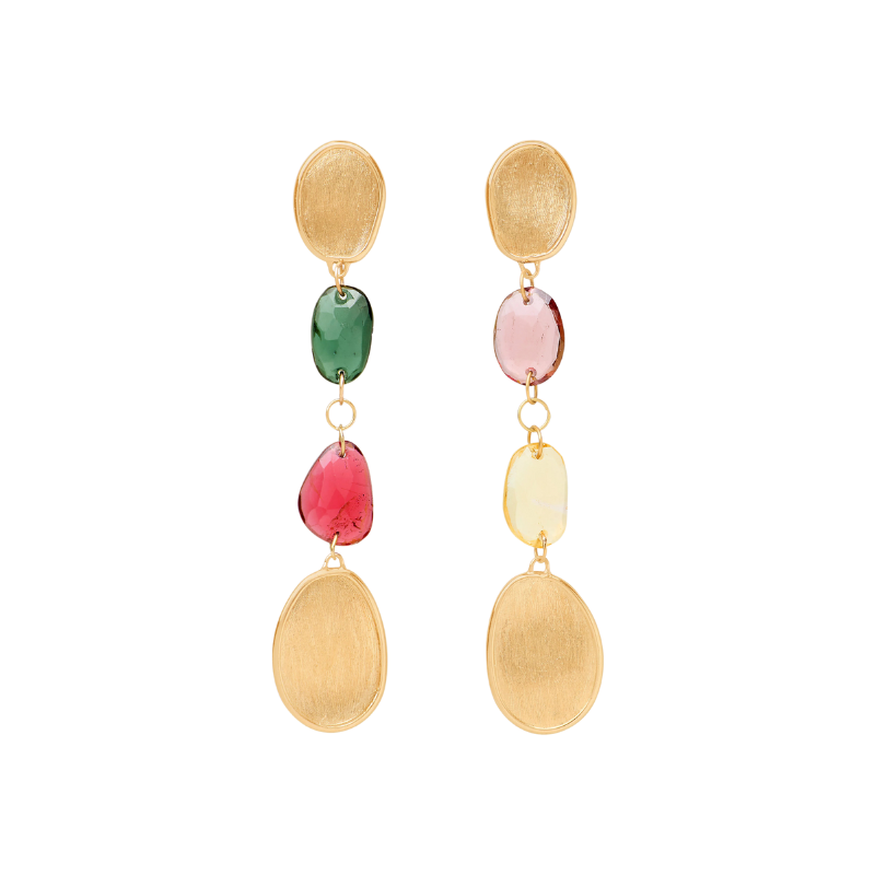 18KY Hand Engraved Earrings with Multicolor Tourmalines - Lunaria Tourmaline