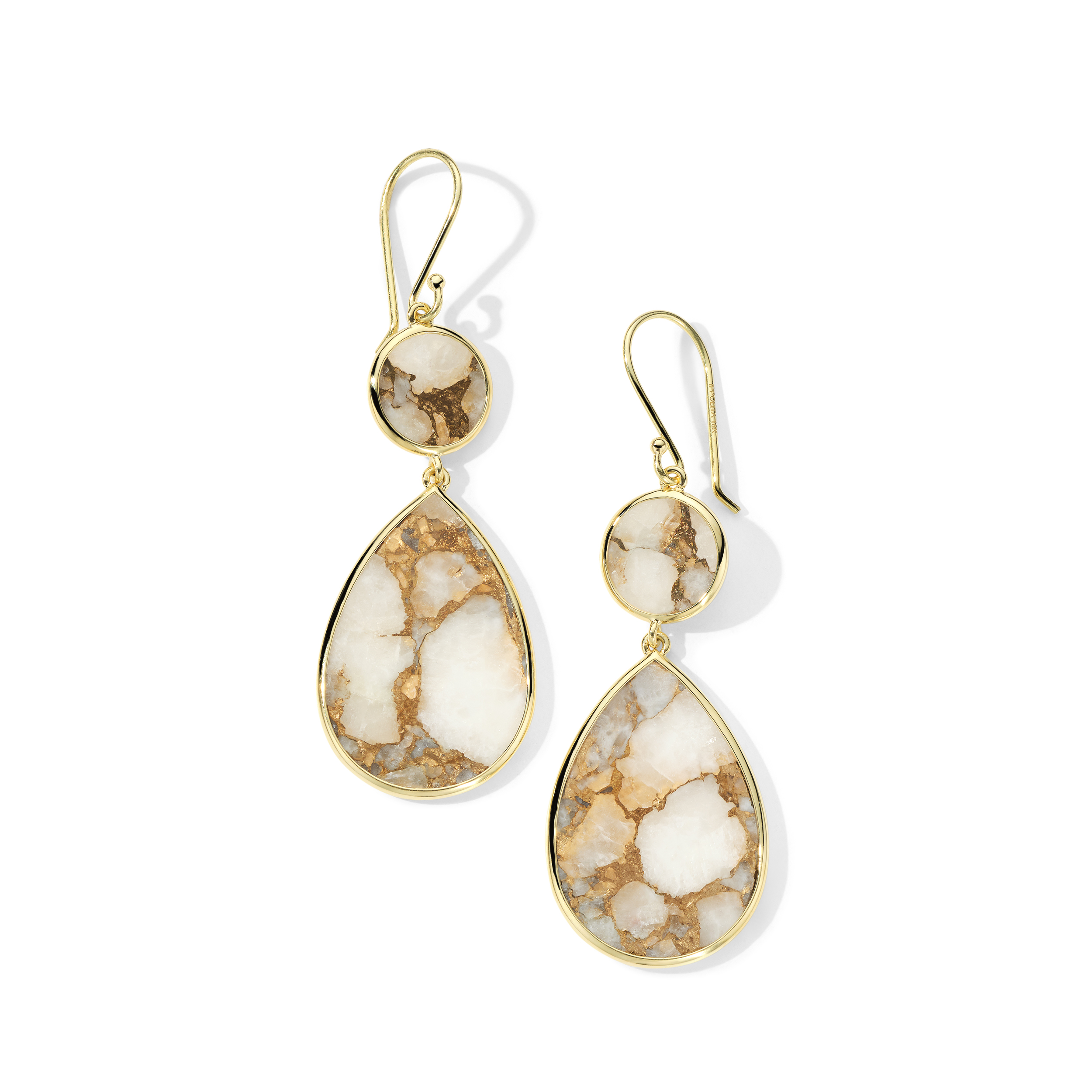 18K Polished Rock Candy Double Drop Earrings in Bronze- White Calcite Slice