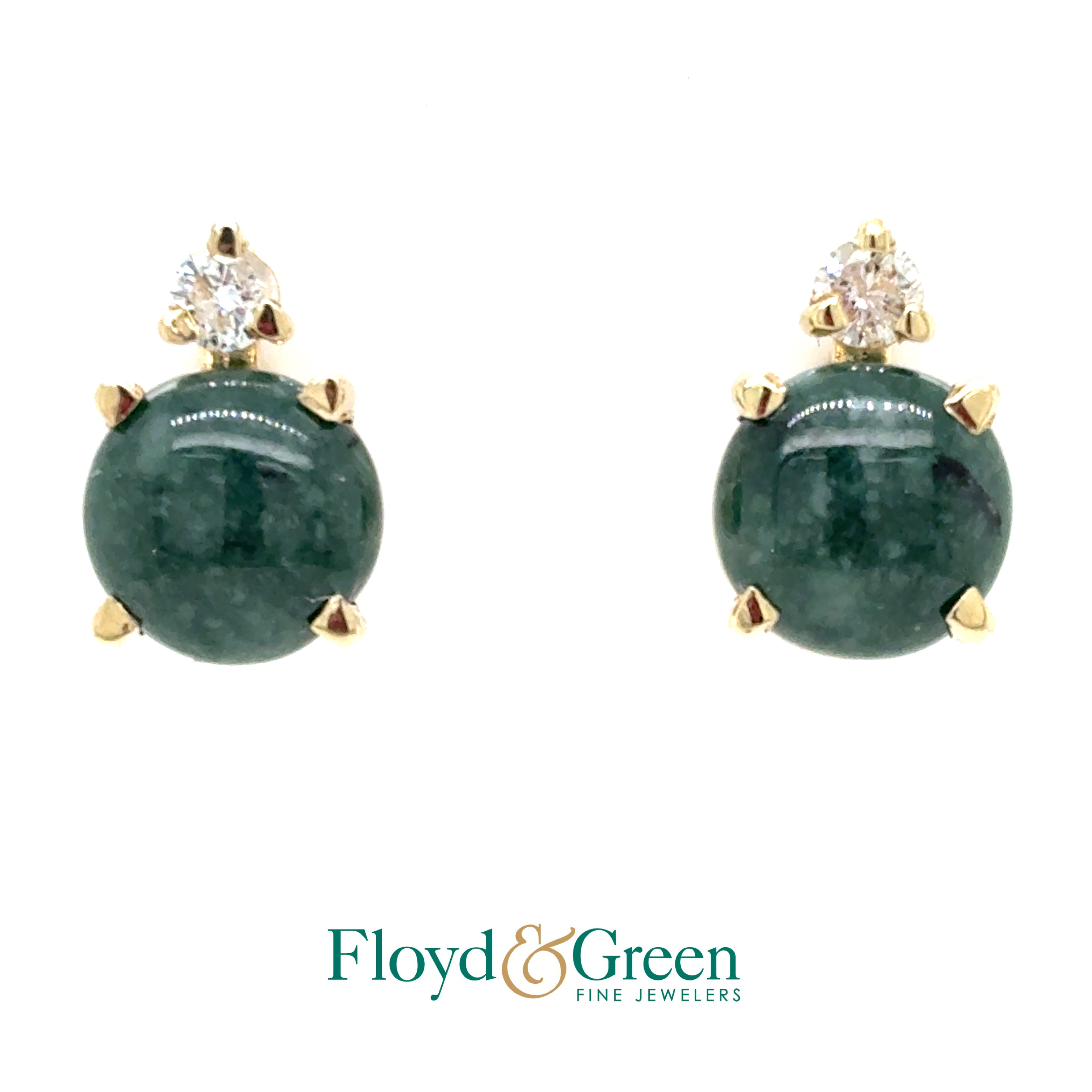 14KY Nephrite & Diamond Earrings, 2 Rd Nephrites, 3.64ct, Slightly Yellowish Green, 2 Rd Diamonds, 0.08ct, J I1