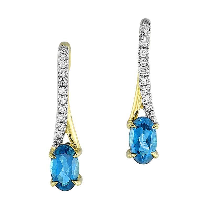 10KY Oval Blue Topaz .50ctw w/ Dia .05ctw H-I I1 Drop Earrings