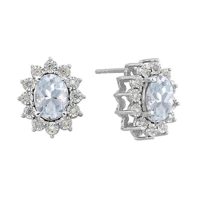 SS March BStone Earrings Oval Aquamarine 1.75ctw w/ Dia .10ctw H-I I1
