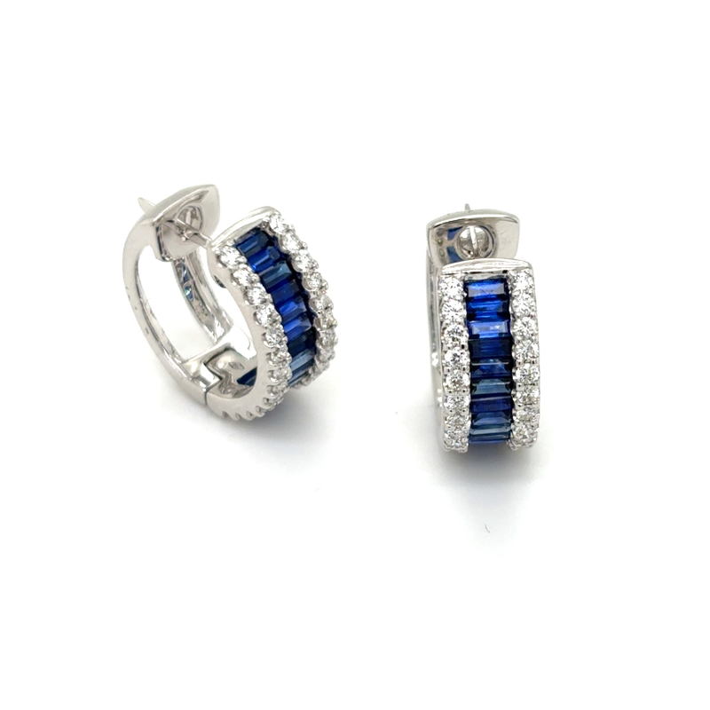 18KW Baguette Sapphire 2.18ctw and Dia .64 G-H/VS Huggie Hoop Earrings