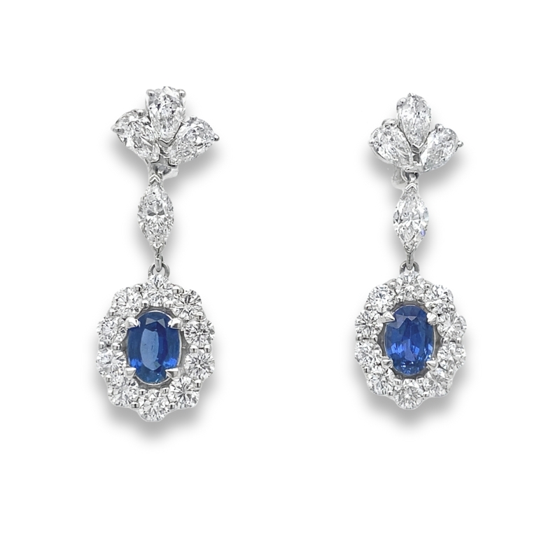 Oval Sapphire & Diamond Halo Dangle Earrings
