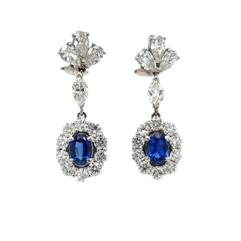 18KW Oval Sapphire 2.15ctw and Dia 5.12ctw G-H/VS-SI Dangle Earrings
