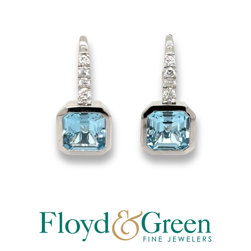 Bezel Set Blue Topaz & Diamond Drop Earrings