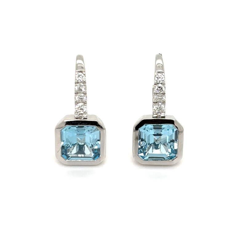 14KW Bezel Set Blue Topaz 3.48ctw and Dia .20ctw G-H/VS2-SI1 Drop Earrings