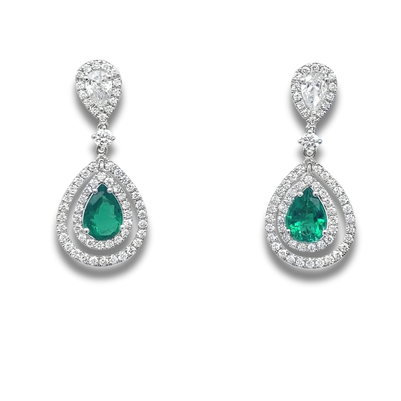 Pear Shape Emerald & Diamond Dangle Earrings