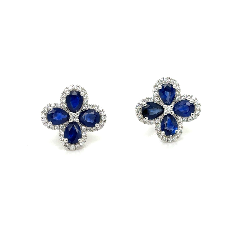 18KW Pear Sapphire 2.23ctw and Dia .28 G-H/VS Flower Stud Earrings