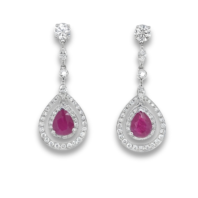 Pear Shape Ruby & Diamond Dangle Earrings