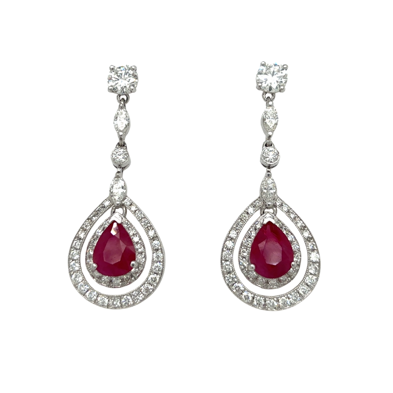 PLAT Pear Ruby 3.61ctw and Dia 2.02ctw G-H/SI-VS Dangle Earrings