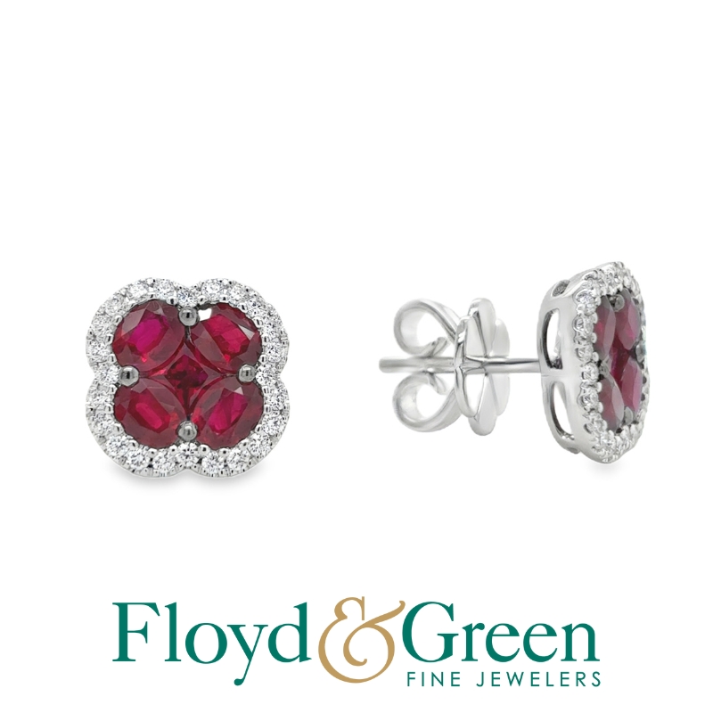 Ruby & Diamond Halo Clover Stud Earrings