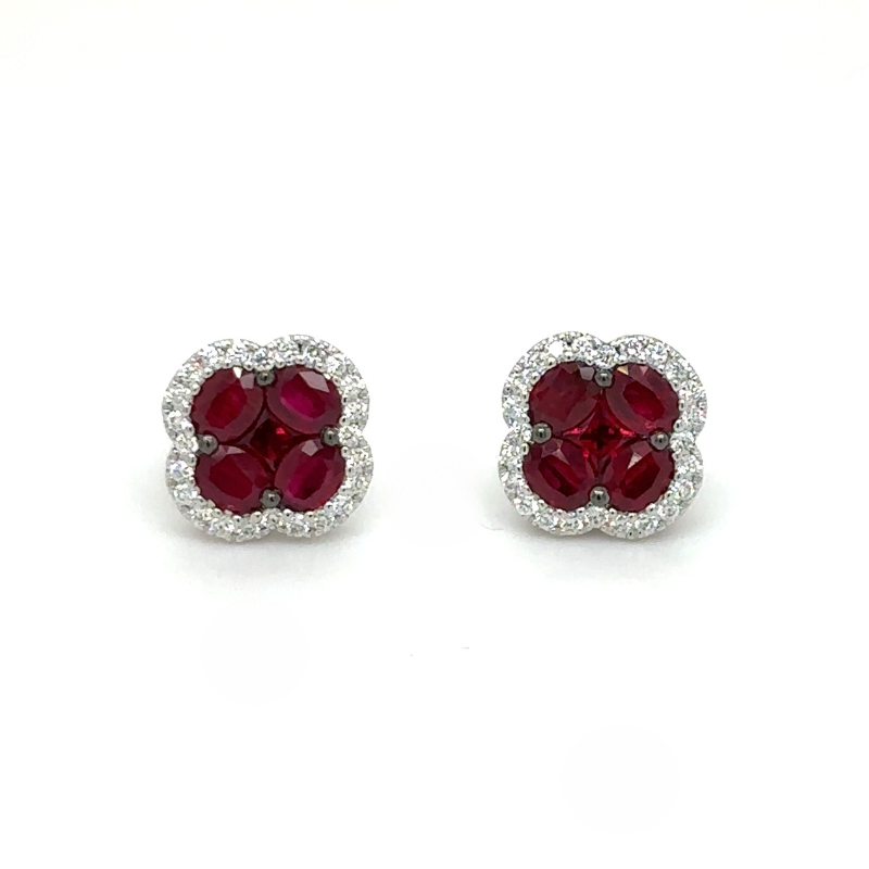 18KW Ruby 1.66ctw and Dia .24ctw G-H/VS2-SI1 Clover Stud Earrings