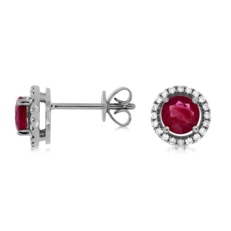 14KW Ruby .94ctw w/ Dia Halo .15ctw G-H SI1 Stud Earrings