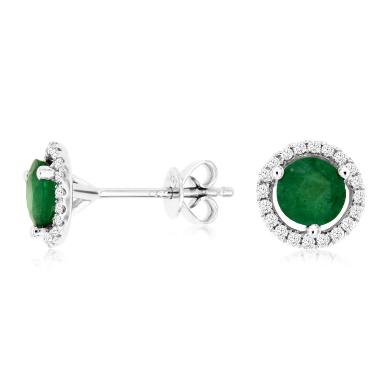 14KW Emerald 1.20ctw w/ Dia Halo .16ctw G-H SI1 Stud Earrings