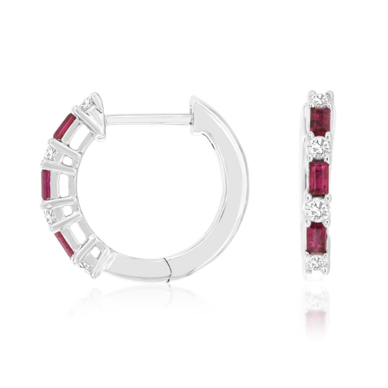 14KW Alternating Ruby .33ctw and Dia .20ctw G-H SI1 Hoop Earrings