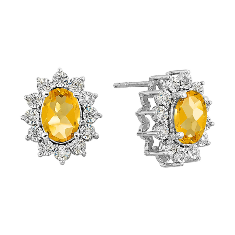 SS November BStone Earrings Oval Citrine 2ctw w/ Dia .10ctw H-I I1