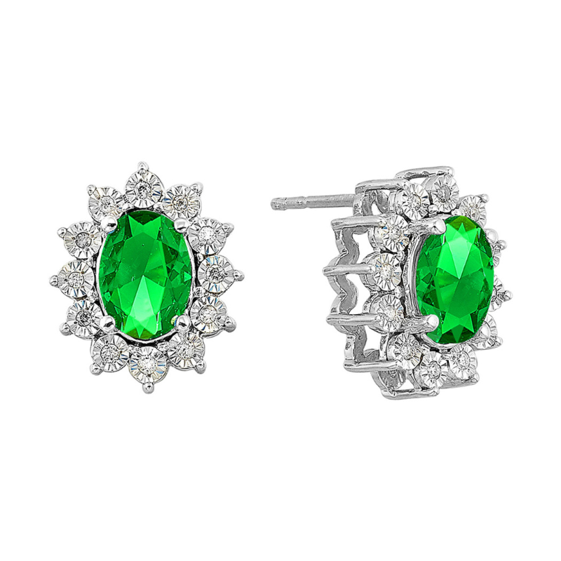 SS May BStone Earrings Oval Created Emerald 1.75ctw w/ Dia .10ctw H-I I1