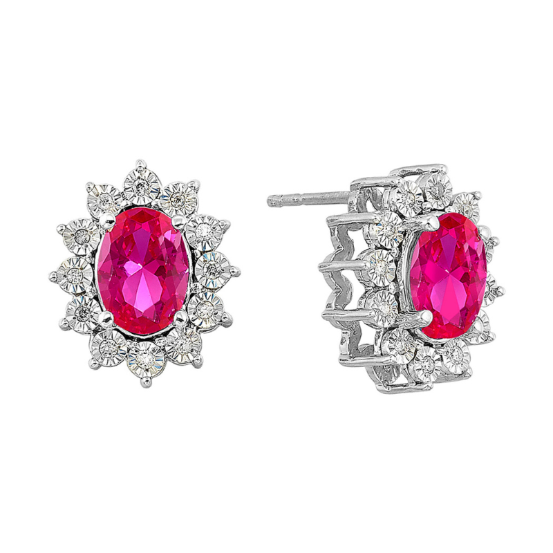 SS July BStone Earrings Oval Created Ruby 2ctw w/ Dia .10ctw H-I I1