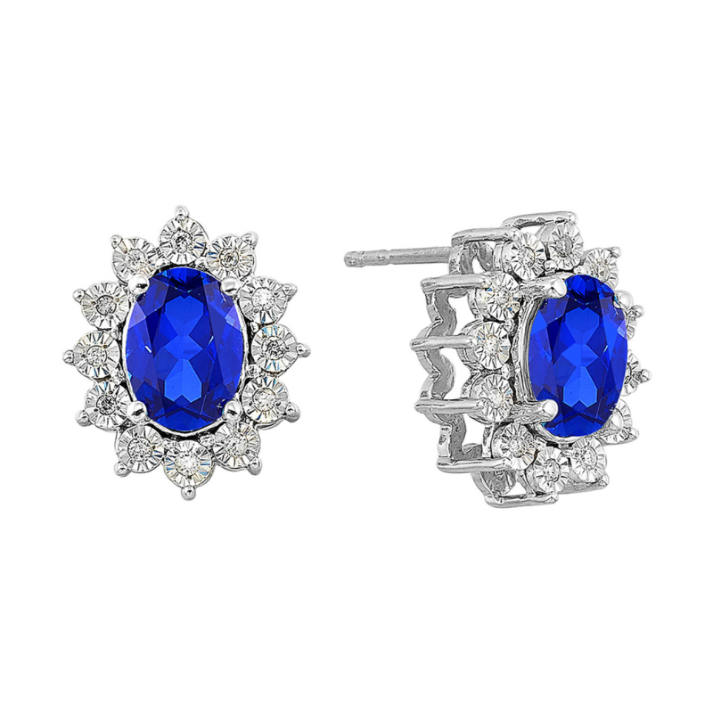 SS September BStone Earrings Oval Created Sapphire 2ctw w/ Dia .10ctw H-I I1