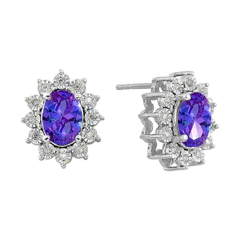 SS June BStone Earrings Oval Syn Alexandrite 2ctw w/ Dia .10ctw H-I I1