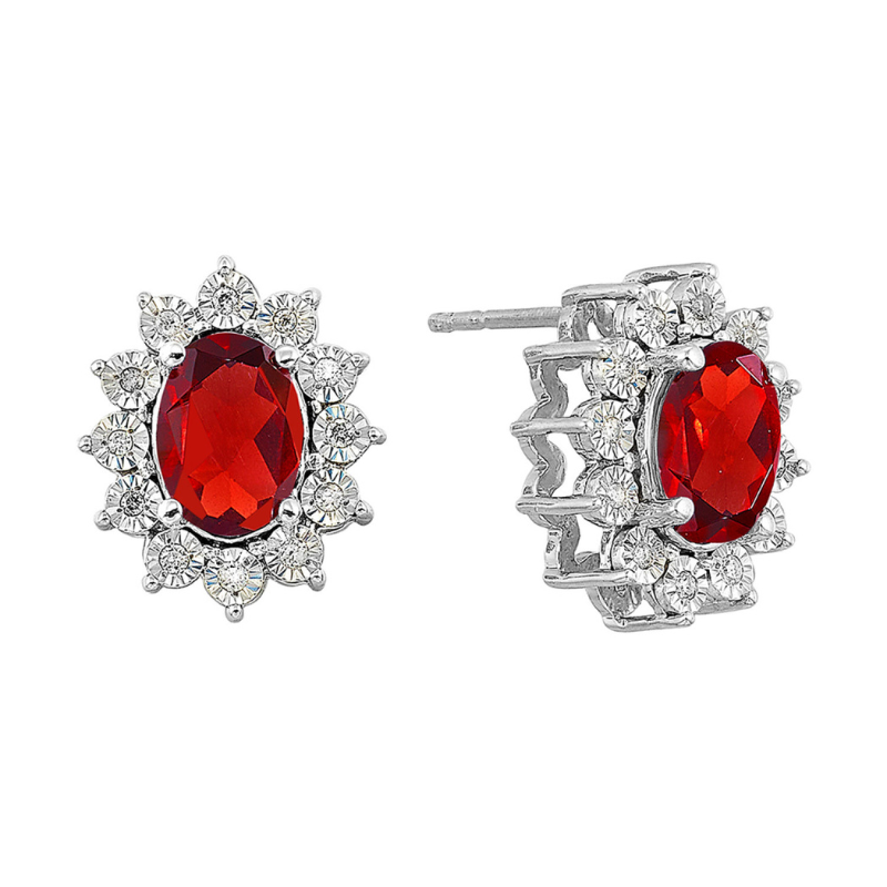 SS January BStone Earrings Oval Garnet 2ctw w/ Dia .10ctw H-I I1