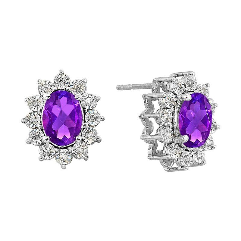 SS February BStone Earrings Oval Amethyst 2ctw w/ Dia .10ctw H-I I1