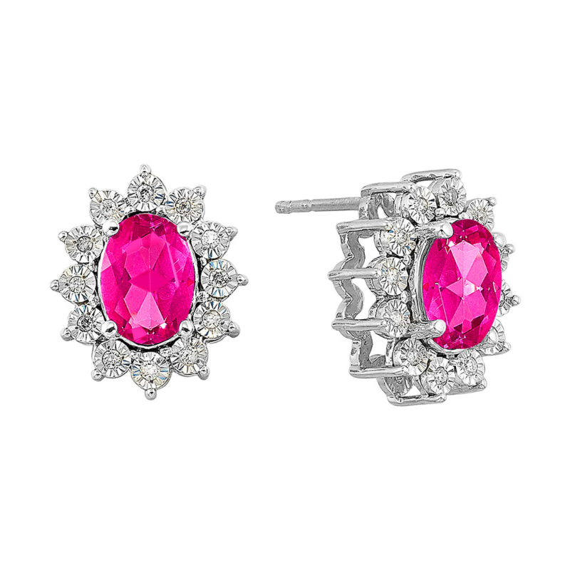 SS October BStone Earrings Oval Pink Topaz 2ctw w/ Dia .10ctw H-I I1