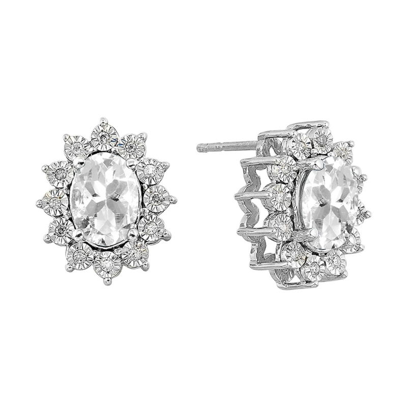 SS April BStone Earrings Oval White Topaz 2ctw w/ Dia .10ctw H-I I1