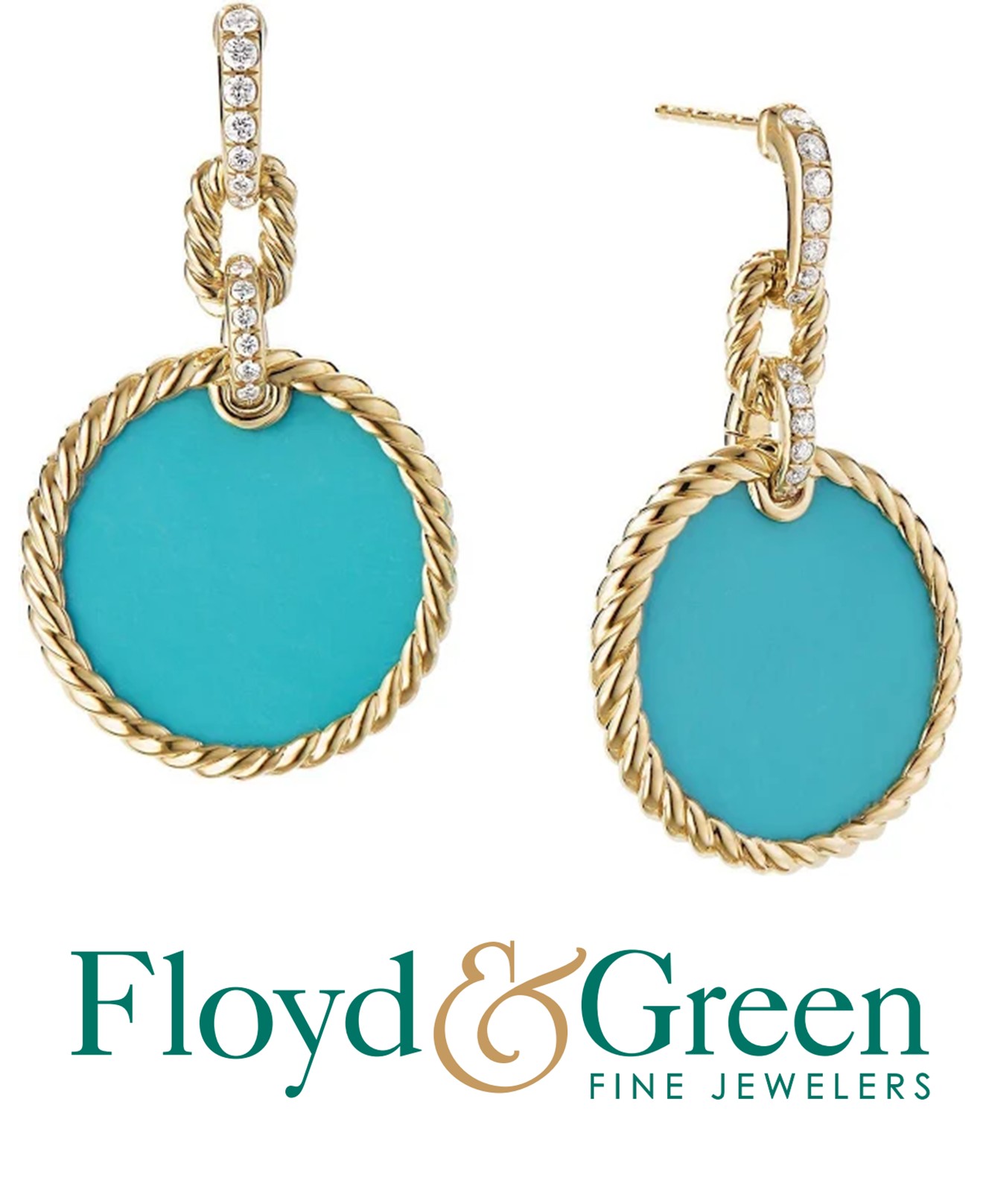 18KY David Yurman Turquoise & Diamond Drop Earrings, 2 Rd Turq, 48.50ct, 28 Rd Dia, 0.32ct, G VS1