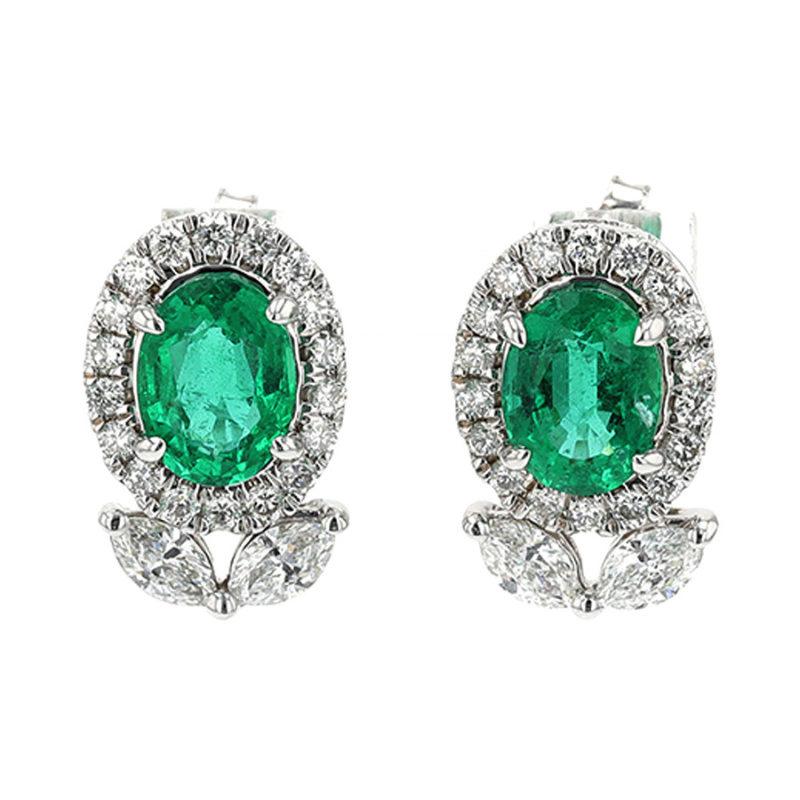 14KW Diamond 1ctw H-I SI and Oval Emerald 2.62ctw Flower Stud Earrings