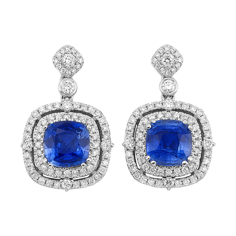 14KW Cush Sapphire 3.37ctw w/ Double Dia Halo .87ctw H-I SI Drop Earrings