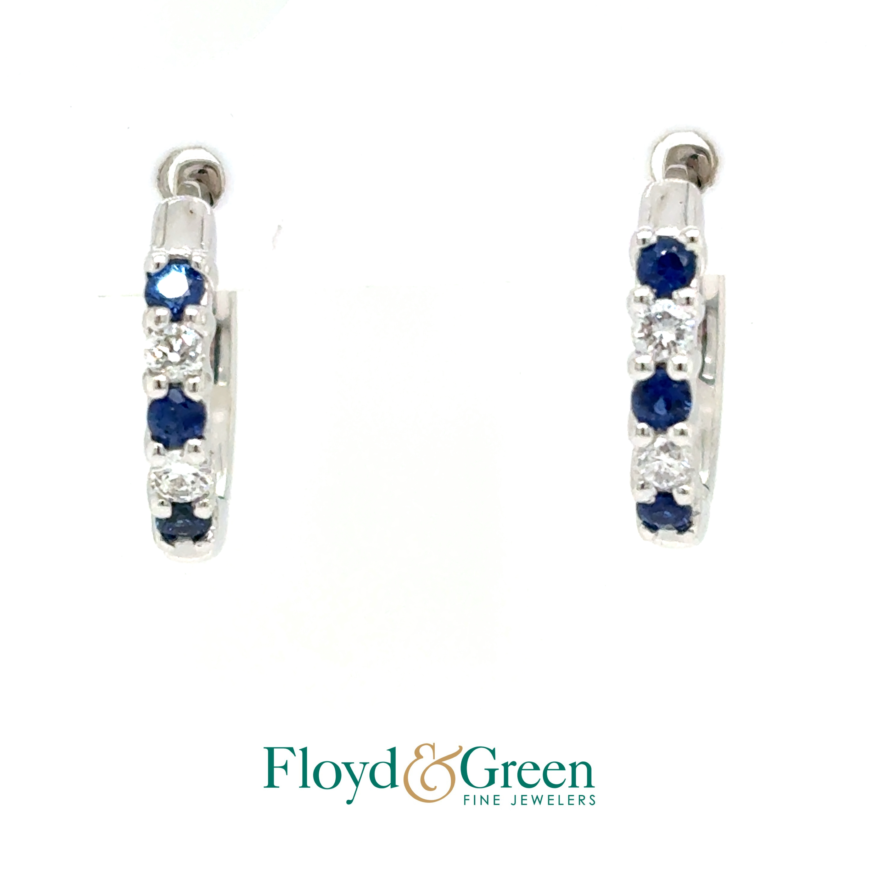14KW Diamond & Sapphire Hoop Earrings, 4 Rd Diamonds, 0.12ct, G VS2, 6 Rd Sapphires, 0.25ct