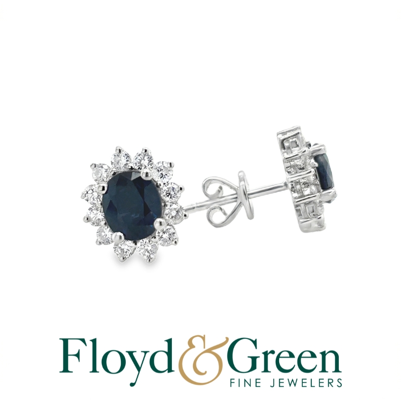 18KW Sapphire and Diamond Earrings, 2 Oval Sapphires, 1.51ct, 24 Round Diamonds, 0.65ct, H SI2-I1