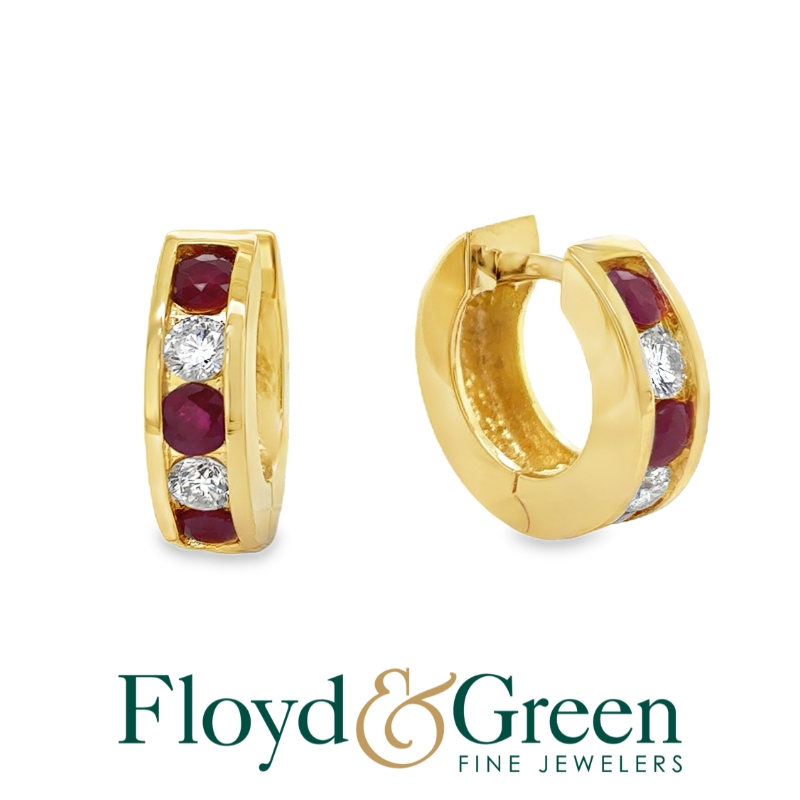 14KY Diamond & Ruby Hoop Earrings, 4 Round Diamonds, 0.52ct, H SI1, 4 Round Rubies, 0.67ct