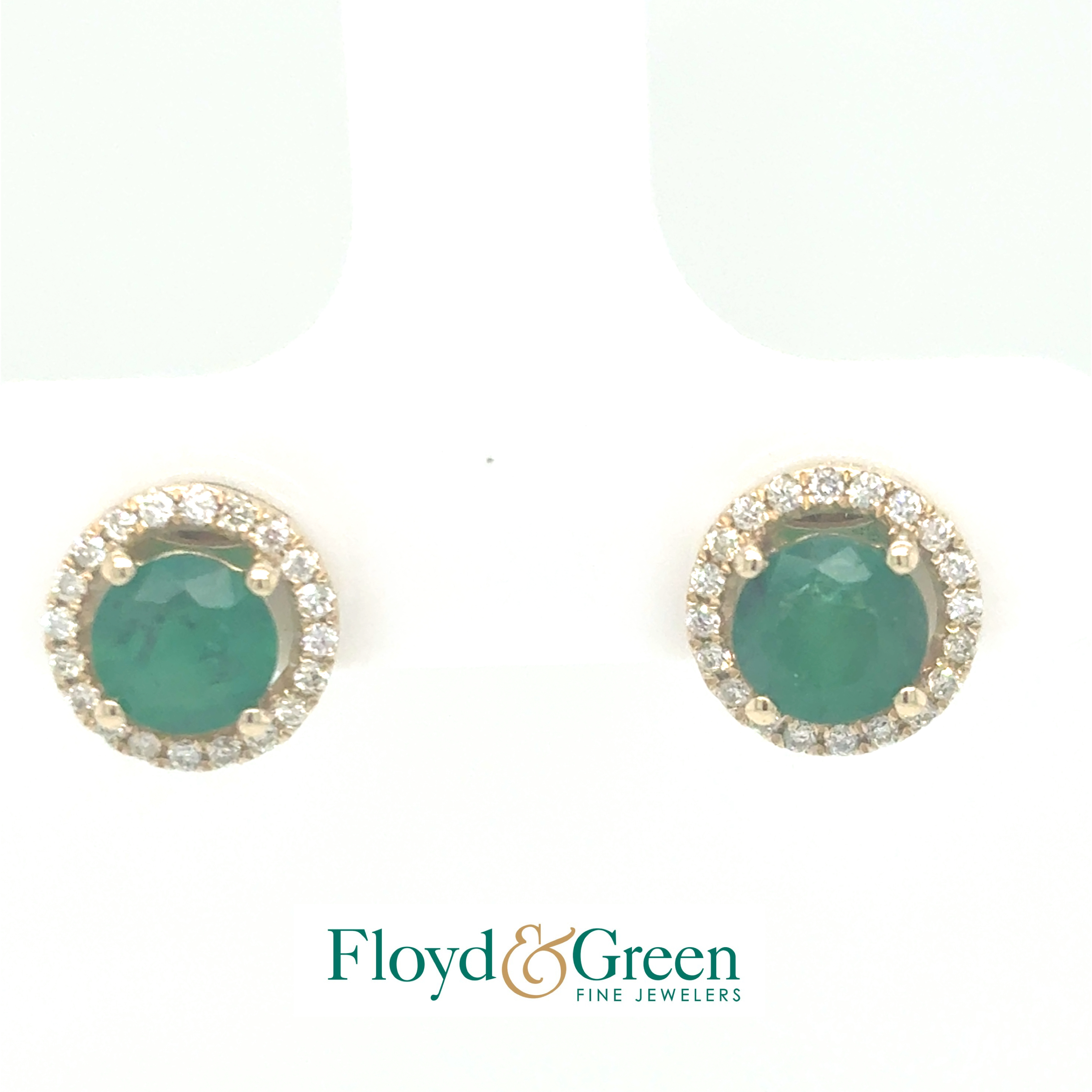 14KY Emerald & Diamond Halo Earrings, 2 Rd Em, 0.90ct, 40 Rd Dia, 0.15ct, J VS1-VS2