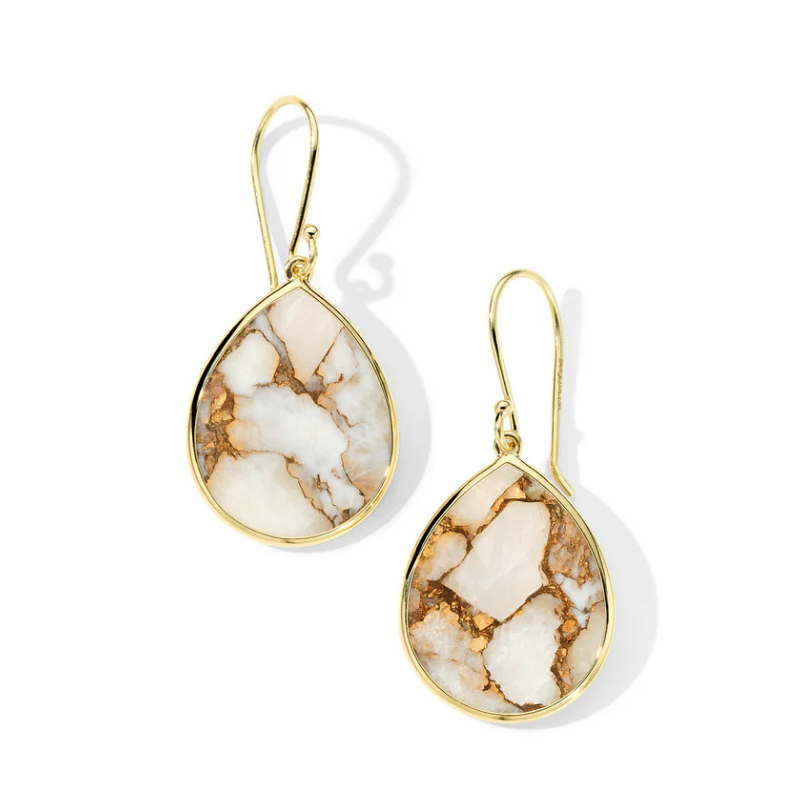 18K Polished Rock Candy Mini Teardrop Earrings in Bronze-White Calcite Slice