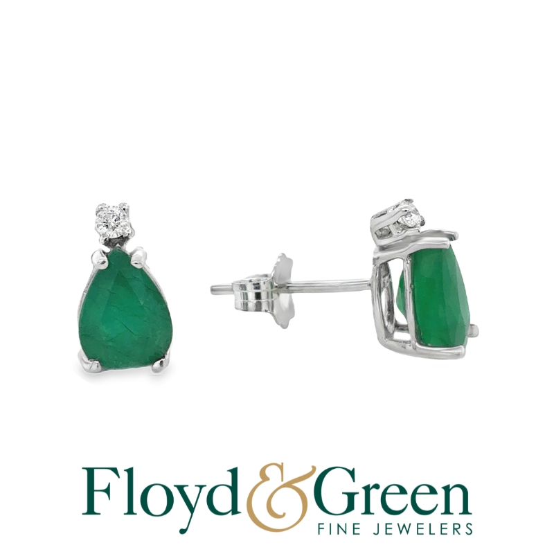 14KW Emerald and Diamond Studs, 2 Pear Emeralds, 2 Round Diamonds, 1g