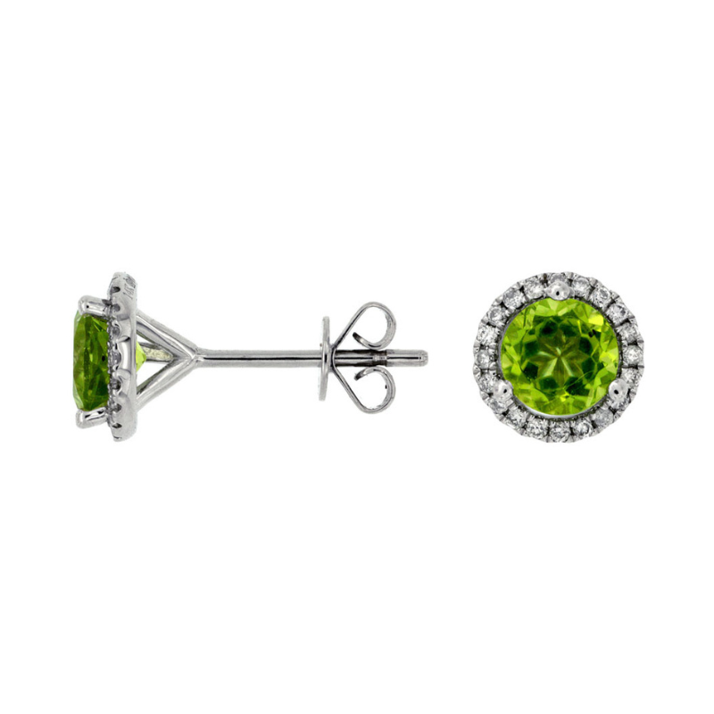 Lady's White 14 Karat Halo Earrings With 0.16Tw Round Diamonds And 2=1.50Tw Round Peridots