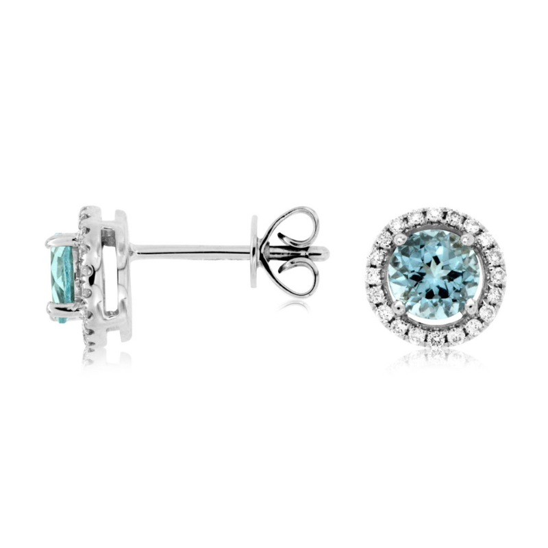 14KW Round Aquamarine 0.88ct and Diamond Halo 0.15ct Earrings