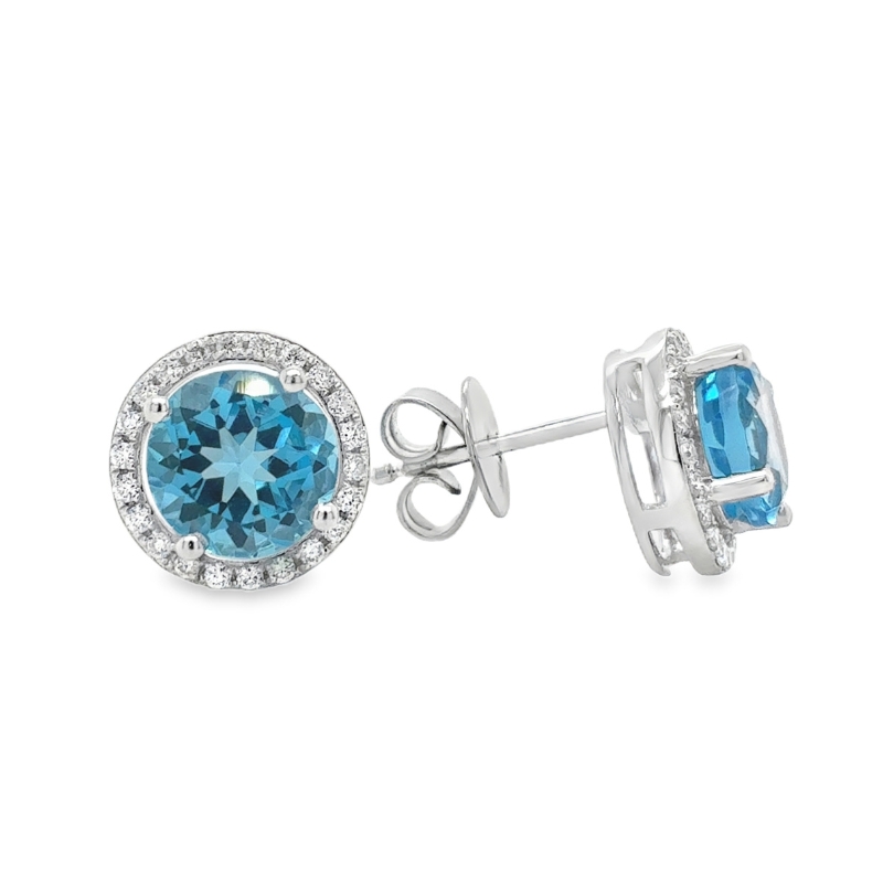 14KW Round Blue Topaz 3.5ct and Diamond Halo 0.23ct Earrings