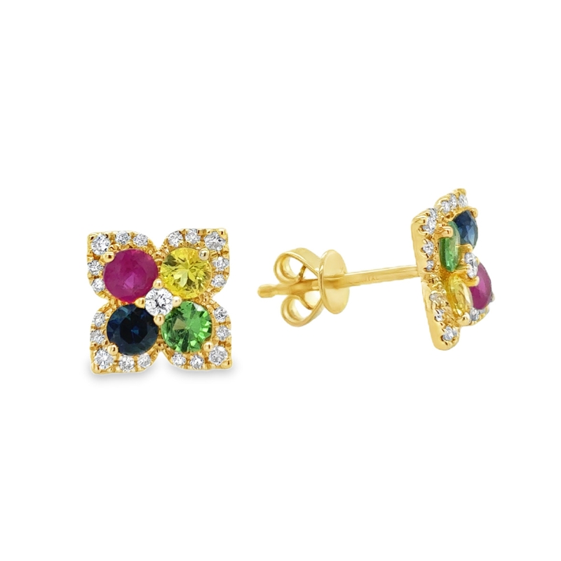 14KY Multicolor Flower Studs with Fancy Round Multicolor Sapphires 0.7ct and Diamonds 0.22ct Earrings