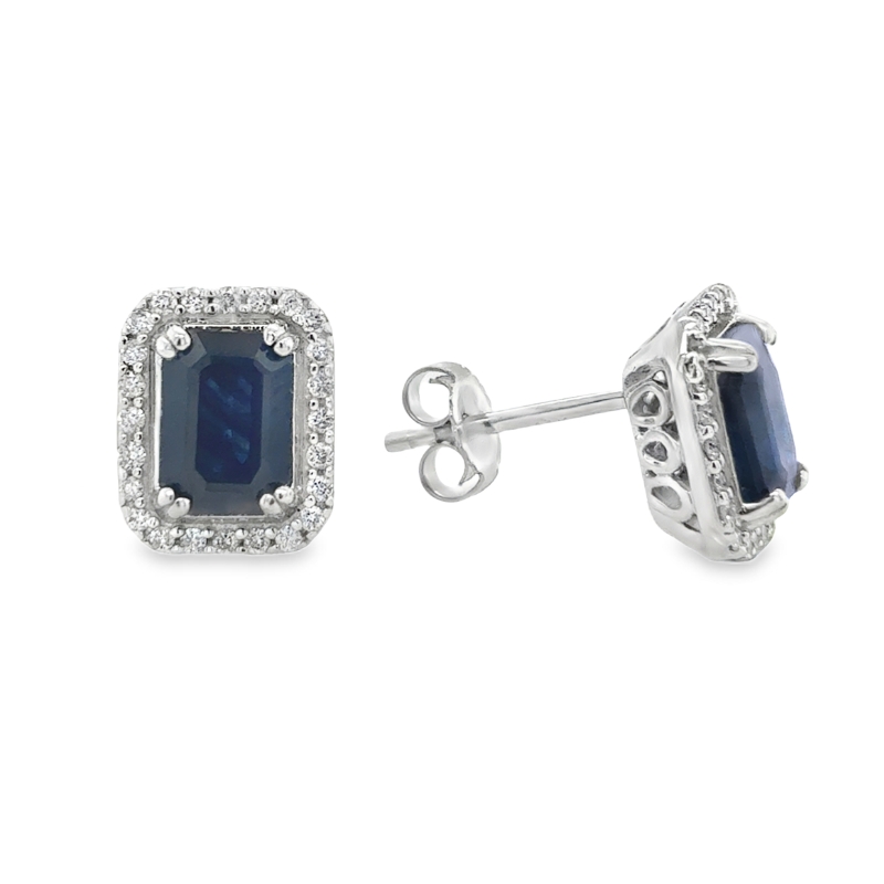 14KW Emerald Sapphire 2.18ct and Diamond Halo 0.2ct Earrings