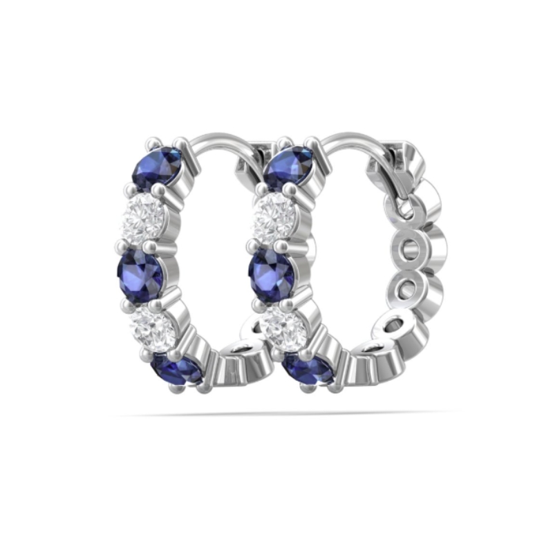 14KW Saph and Dia Mini Hoop Earrings 6 Rnd Saph .53ctw 4 Rnd Dia .30ctw H/I I1
